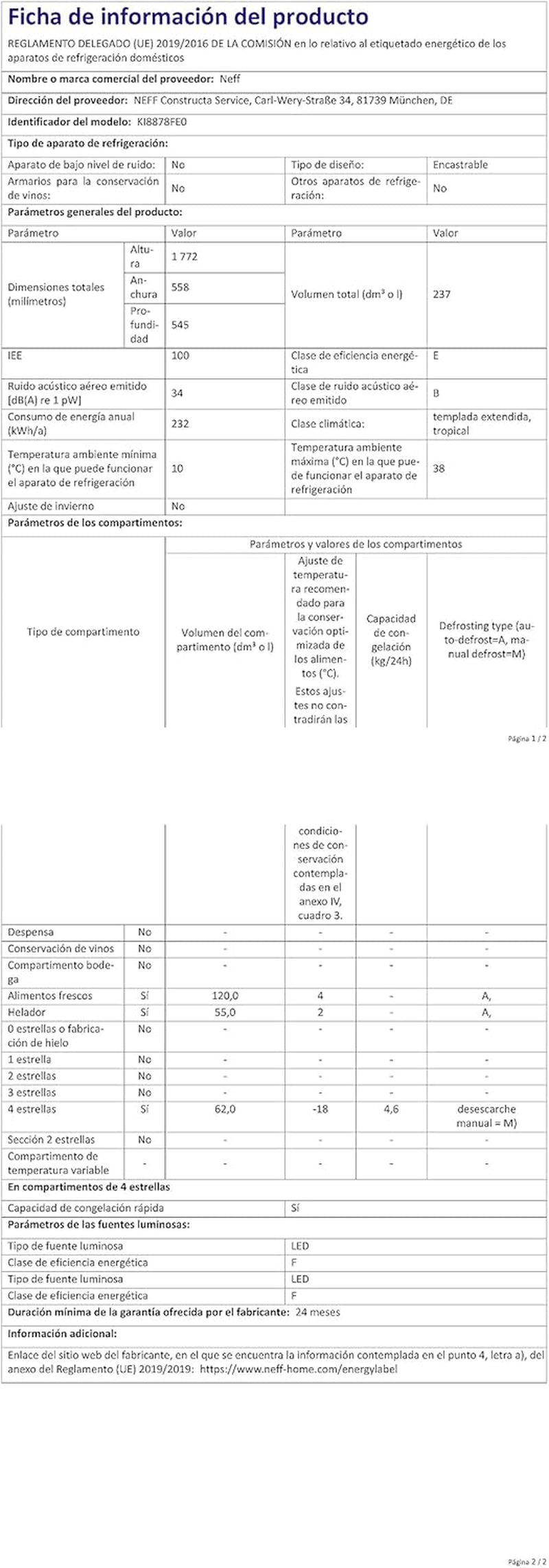 Neff KI8878FE0 Réfrigérateur-Congélateur Intégré (Placement) 237 L E Blanc