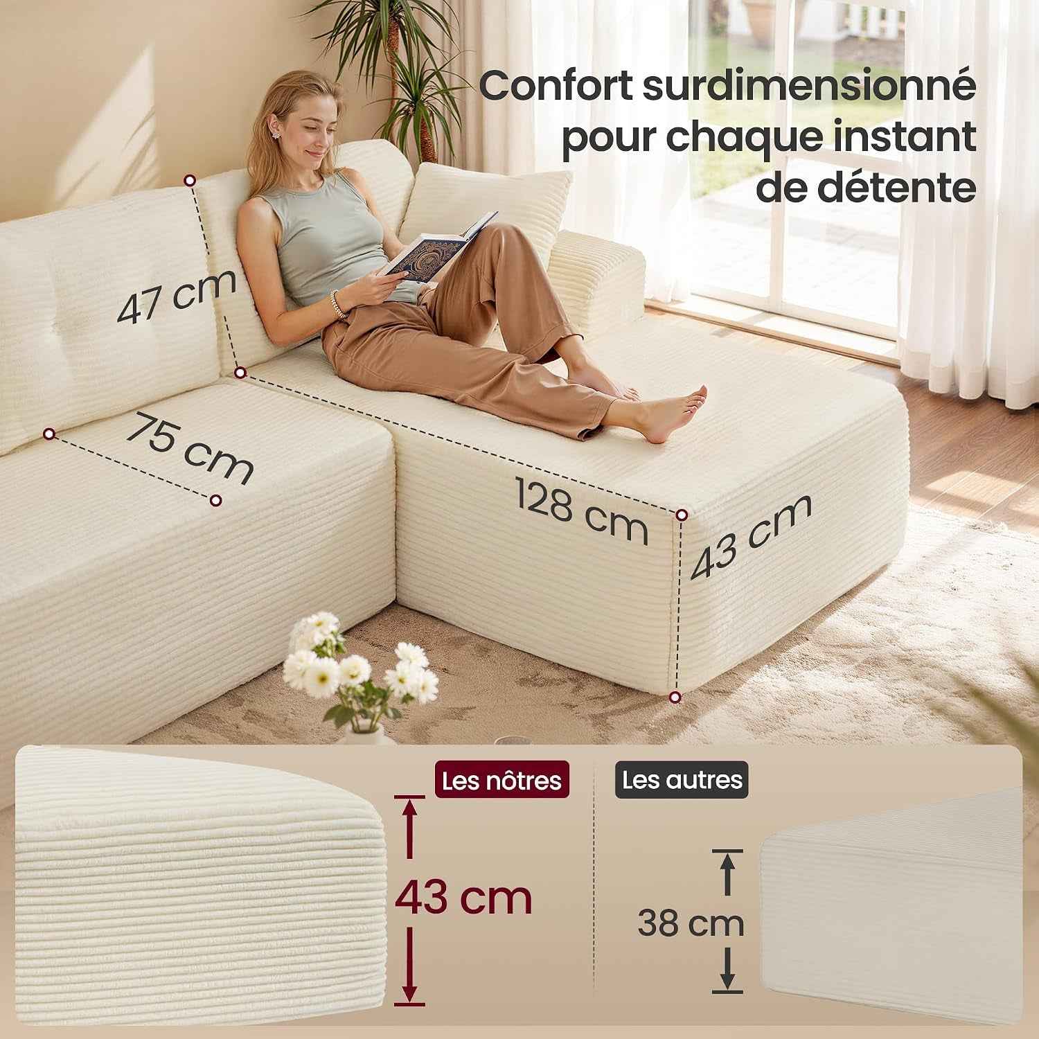 Canapé D’Angle, Canapé Modulable 244 Cm, Livré Compressé En Colis, Sans Montage, Avec Grande Méridienne À Droite, Pour Salon, Chambre D’Amis, Blanc Crème LCS184WD01