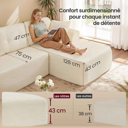 Canapé D’Angle, Canapé Modulable 244 Cm, Livré Compressé En Colis, Sans Montage, Avec Grande Méridienne À Droite, Pour Salon, Chambre D’Amis, Blanc Crème LCS184WD01