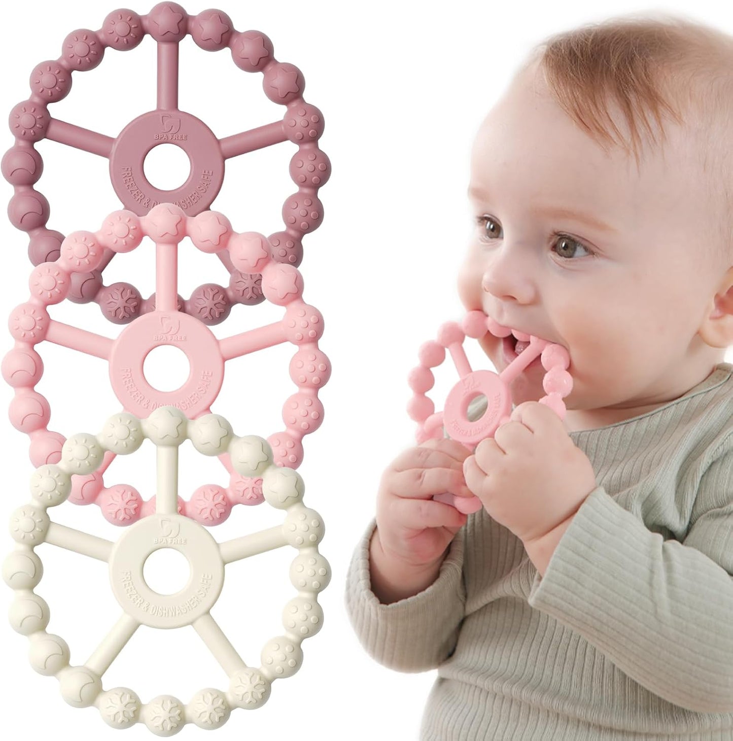Anneau Dentition Bébé,  3 Paquet Silicone Jouet Dentition Bébé 6-12 Mois, Anneau De Dentition Réfrigérant 12-24 Mois, Facile À Tenir, SANS BPA, Violet Rose Blanc