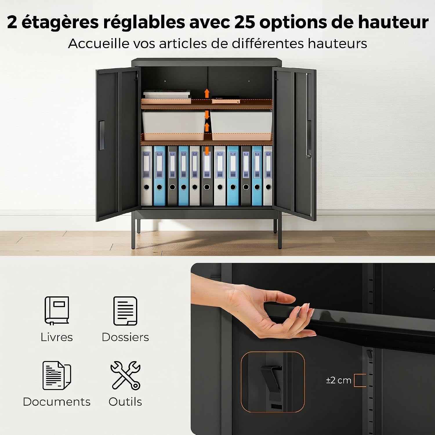 Armoire De Bureau Métallique Avec Serrure 80 X 40 X 100 Cm Noir | Meuble De Rangement En Acier, 2 Portes, 2 Étagères Réglables, Classeur Rangement Documents Industriel, Bureau Ou Garage
