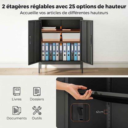 Armoire De Bureau Métallique Avec Serrure 80 X 40 X 100 Cm Noir | Meuble De Rangement En Acier, 2 Portes, 2 Étagères Réglables, Classeur Rangement Documents Industriel, Bureau Ou Garage