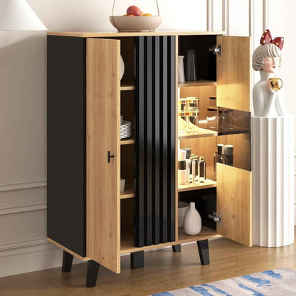 Buffet Noir Et Bois Avec 4 Grandes Étagères, Vitrine Avec Verre Et Lumières LED, Armoire Multifonction Pour Salon, Chambre, Couloir Et Salle À Manger (A)