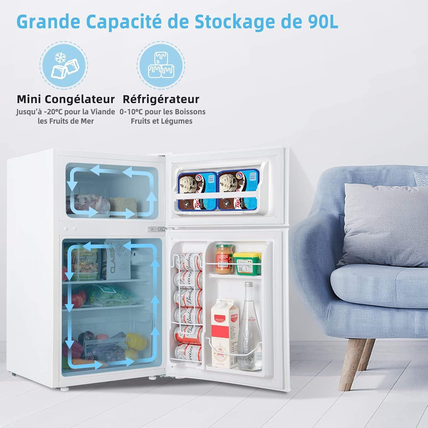 Réfrigérateur À Double Porte 90 L, Réfrigération Rapide, Économie D'Énergie, Réfrigérateur En Métal Avec 7 Niveaux De Température, 48,5 X 49,5 X 86 Cm (Blanc)