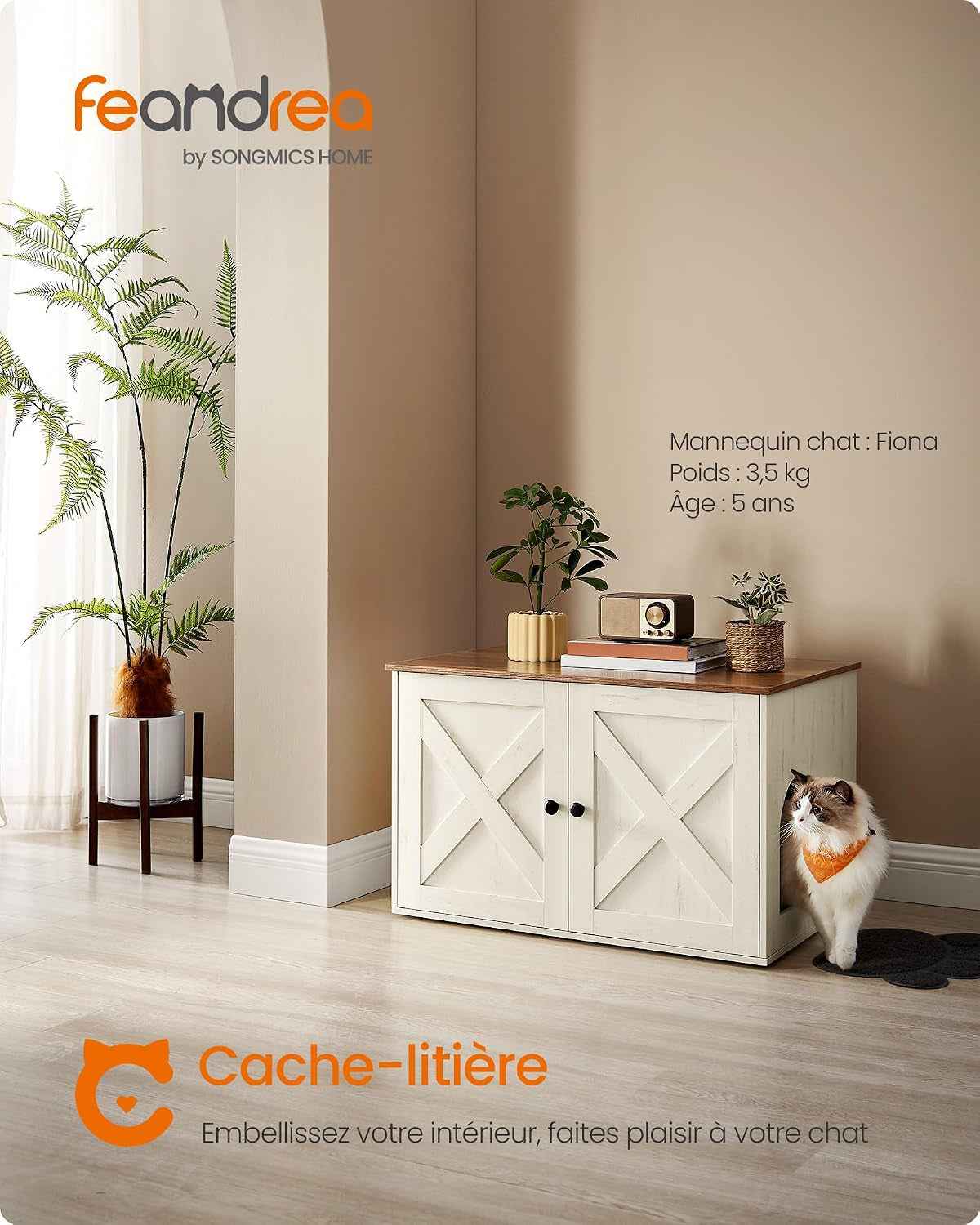 Maison De Toilettes Pour Chat, Niche, Meuble Litière Chat, Avec Séparateur Amovible, Cache-Litière, Table Basse, 80 X 53 X 50 Cm, Marron Miel Et Blanc Rustique PCL002P01V1