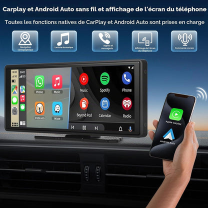 10.26" Écran Carplay Sans Fil Pour Apple Carplay & Android Auto, Écran Tactile HD Portable Car Play Voiture Avec 4K Dashcam / Caméra De Recul 1080P Avec Mirror Link, BT, Assistant Vocal, GPS, FM