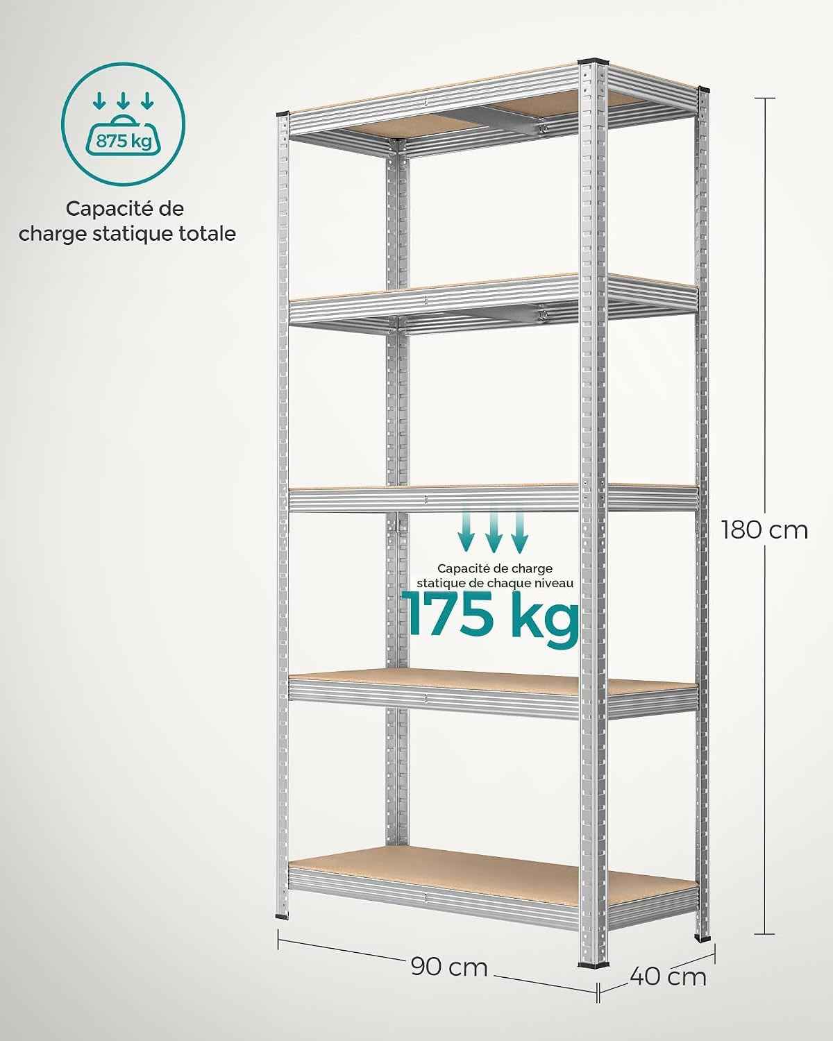 Lot De 2, Étagère De Rangement À 5 Niveaux, 40 X 90 X 180 Cm, Capacité 875 Kg, Planches Réglables, Style Industriel, Pour Cuisine, Salon, Argent GLR040E02