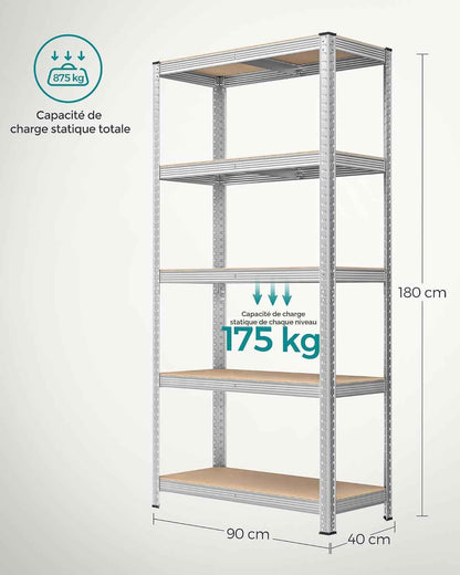 Lot De 2, Étagère De Rangement À 5 Niveaux, 40 X 90 X 180 Cm, Capacité 875 Kg, Planches Réglables, Style Industriel, Pour Cuisine, Salon, Argent GLR040E02