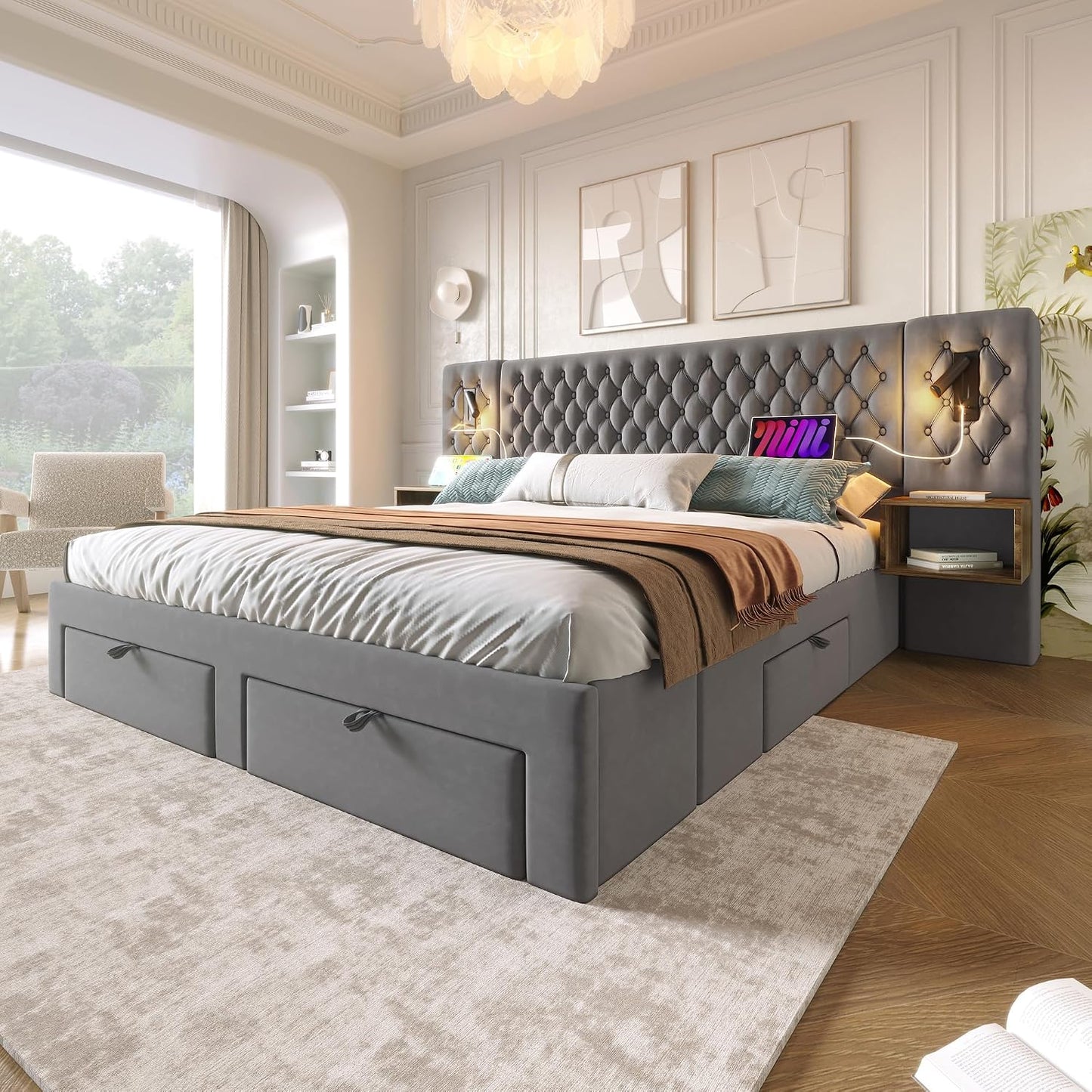 Lit 180X200 Avec Sommier LED Et USB Et 2 Tables De Chevet, Lit Coffre 180X200 Avec 4 Tiroirs Et Tete, Lit Double Avec À Lattes 2 Personnes, Lit Rembourré Cadre De Velours (Sans Matelas)