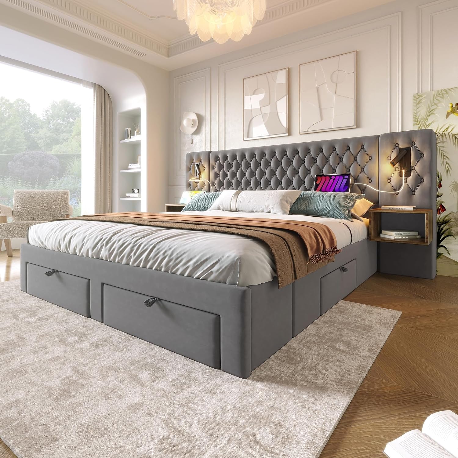 Lit 180X200 Avec Sommier LED Et USB Et 2 Tables De Chevet, Lit Coffre 180X200 Avec 4 Tiroirs Et Tete, Lit Double Avec À Lattes 2 Personnes, Lit Rembourré Cadre De Velours (Sans Matelas)