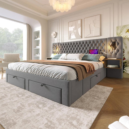 Lit 180X200 Avec Sommier LED Et USB Et 2 Tables De Chevet, Lit Coffre 180X200 Avec 4 Tiroirs Et Tete, Lit Double Avec À Lattes 2 Personnes, Lit Rembourré Cadre De Velours (Sans Matelas)