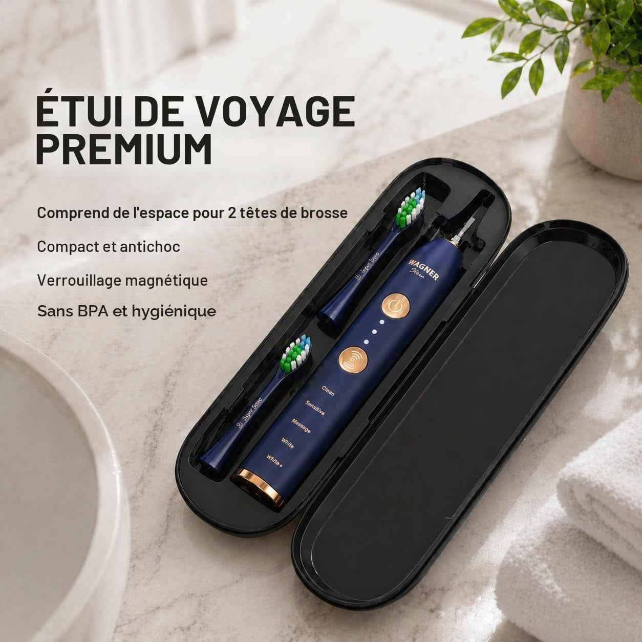 WHITEN+ – Brosse À Dents Électrique Avec Capteur De Pression, 5 Modes, 3 Intensités, 8 Têtes Souples, Moteur Puissant, Étui De Voyage Luxe Inclus (Marine)