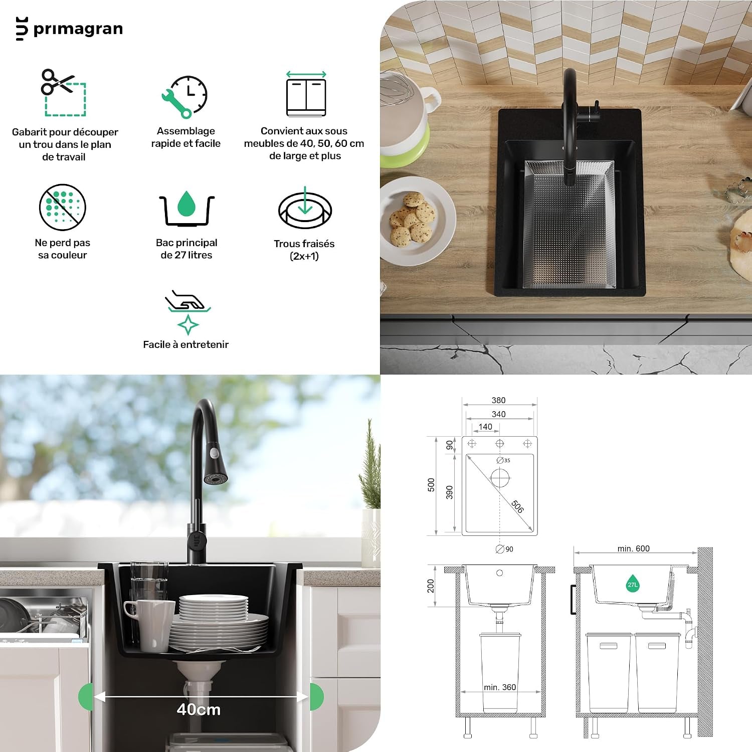 Evier Cuisine En Granit Noir - Riga, 38X50Cm | Lavabo 1 Bac + Kit De Vidage, Évier À Encastrer Au Meuble 40Cm (S035)