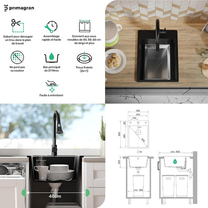Evier Cuisine En Granit Noir - Riga, 38X50Cm | Lavabo 1 Bac + Kit De Vidage, Évier À Encastrer Au Meuble 40Cm (S035)