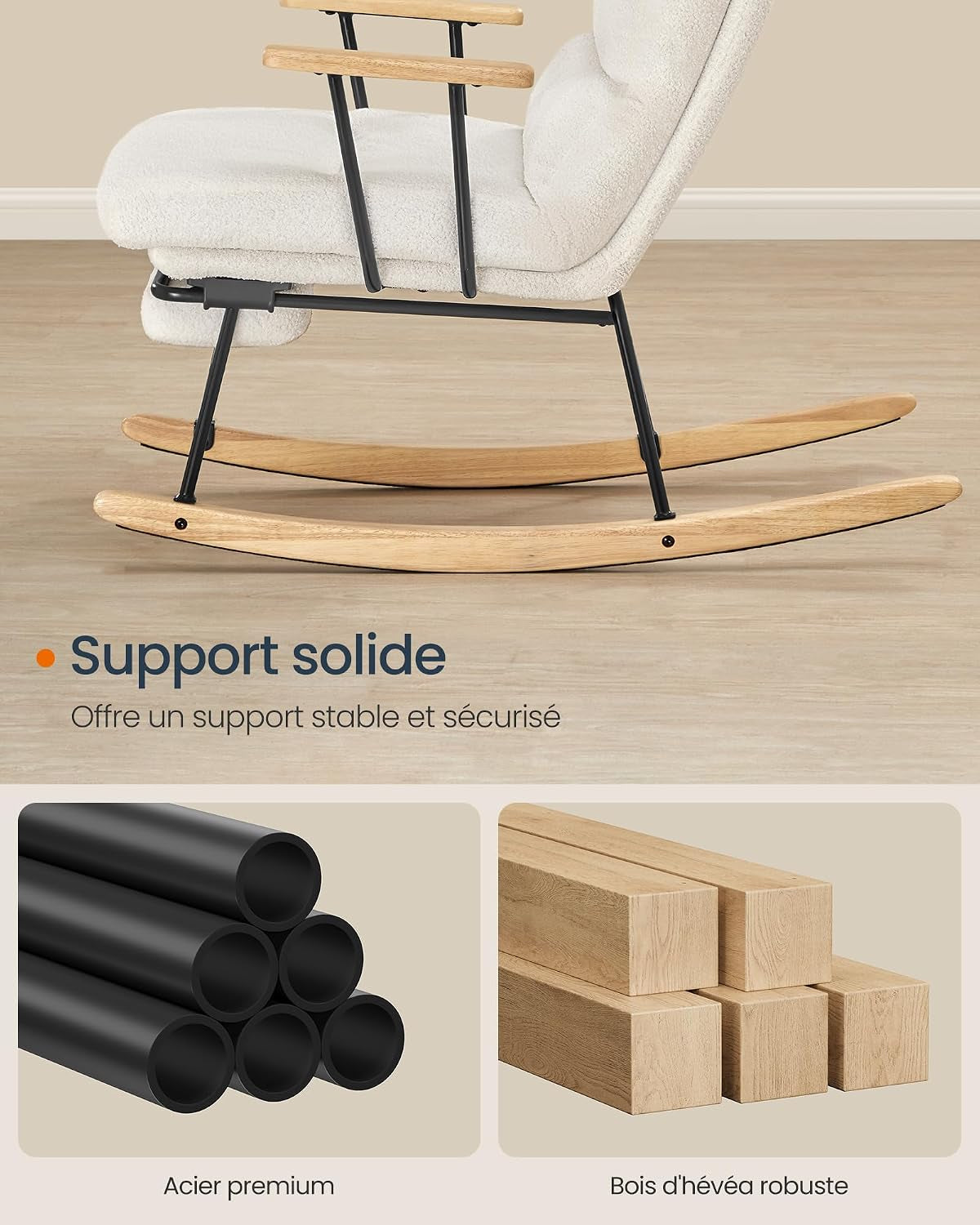 Fauteuil À Bascule, Pieds En Bois D'Hévéa, Tissu Peluche, Chaise À Bascule, Dossier Réglable Sur 4 Positions, Supporte Jusqu'À 160 Kg, Pour Chambre, Salon, Blanc Crème LYY016W01