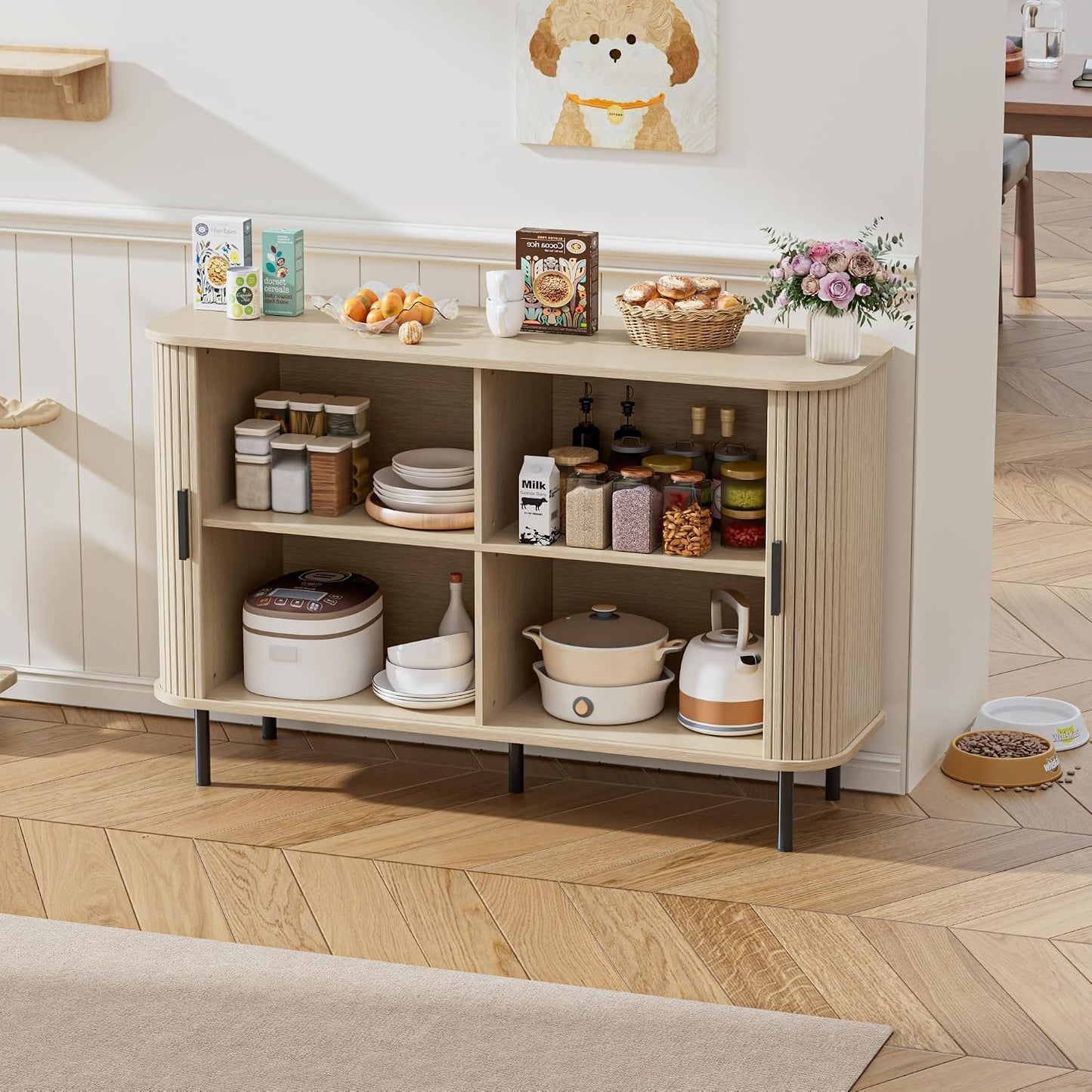 Buffet, Armoire De Cuisine Avec 2 Portes Coulissantes, Étagères Réglables, Meuble De Rangement, Bar À Café, Meuble D'Appoint Pour Cuisine, Salle À Manger, Salon,Beige