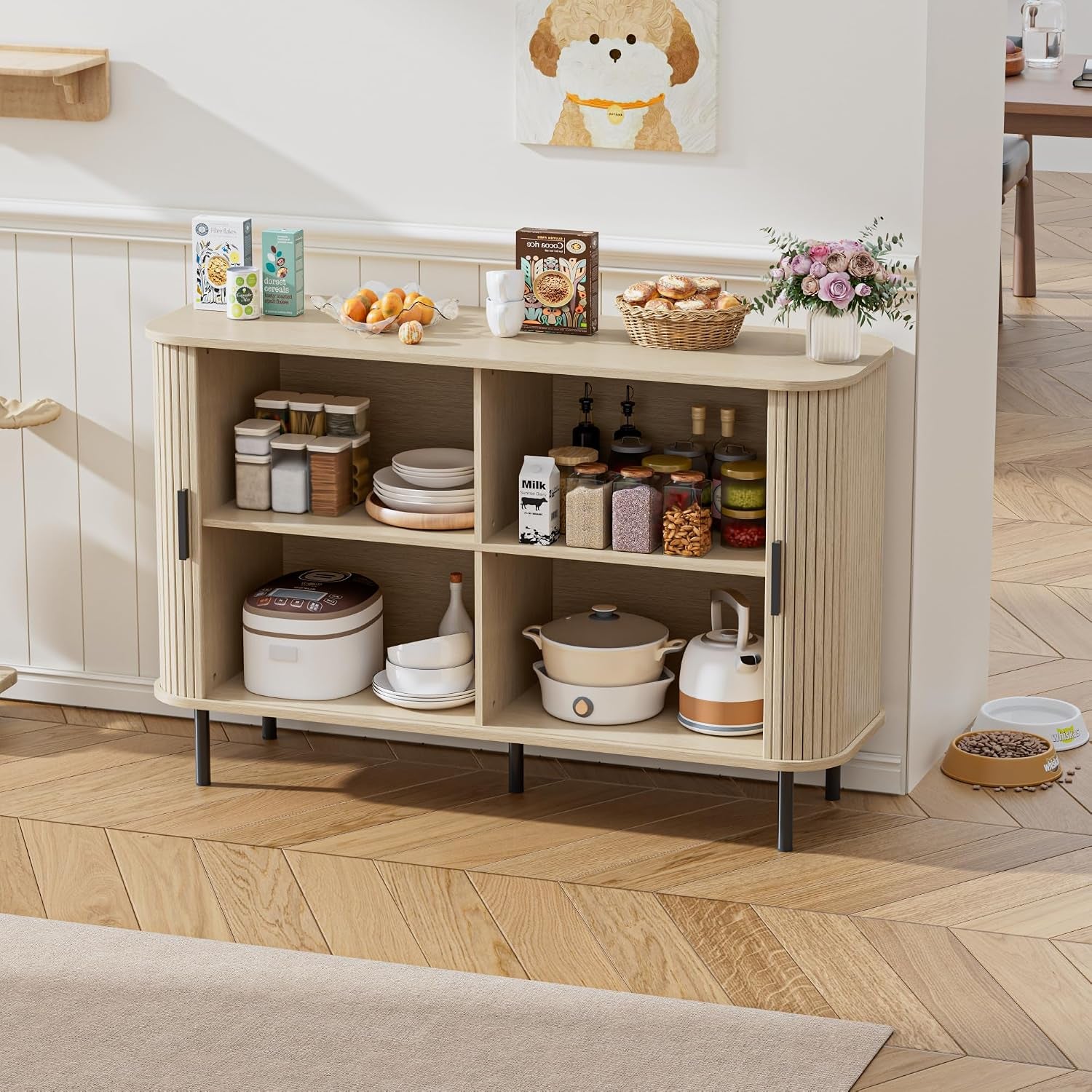 Buffet, Armoire De Cuisine Avec 2 Portes Coulissantes, Étagères Réglables, Meuble De Rangement, Bar À Café, Meuble D'Appoint Pour Cuisine, Salle À Manger, Salon,Beige