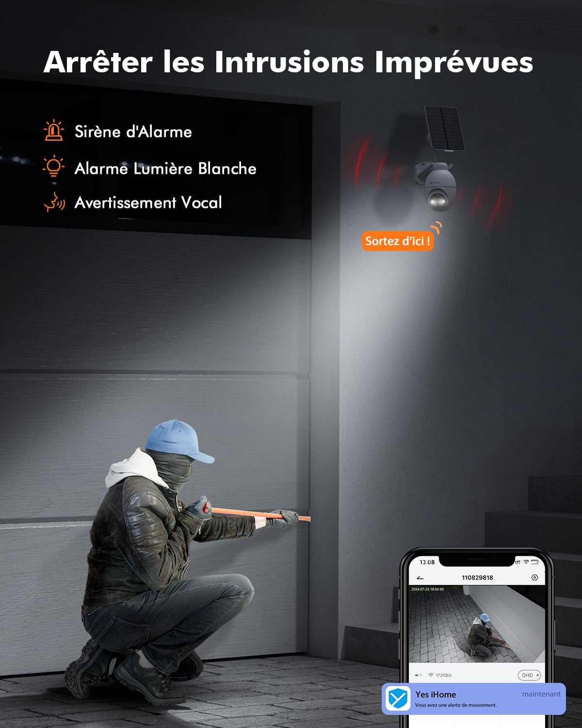 2K Camera Surveillance Wifi Exterieure Sans Fil Solaire, 360° PTZ | Caméra Extérieure Solaire, Avec Panneau Déporté 2M, Vision Nocturne Couleur, Détection PIR, Audio 2 Voies, 2,4 Ghz IP66