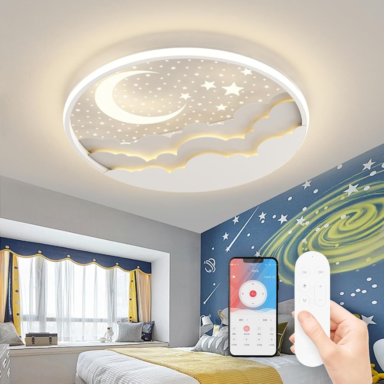 LED Plafonnier Pour Enfants, Créative Étoile Et Lune Lampe De Plafond Enfants, Dimmable Acrylique Plafonnier Avec Télécommande, 3000-6000K, Moderne Filles Garçons Chambre Lampe,Blanc,50Cm