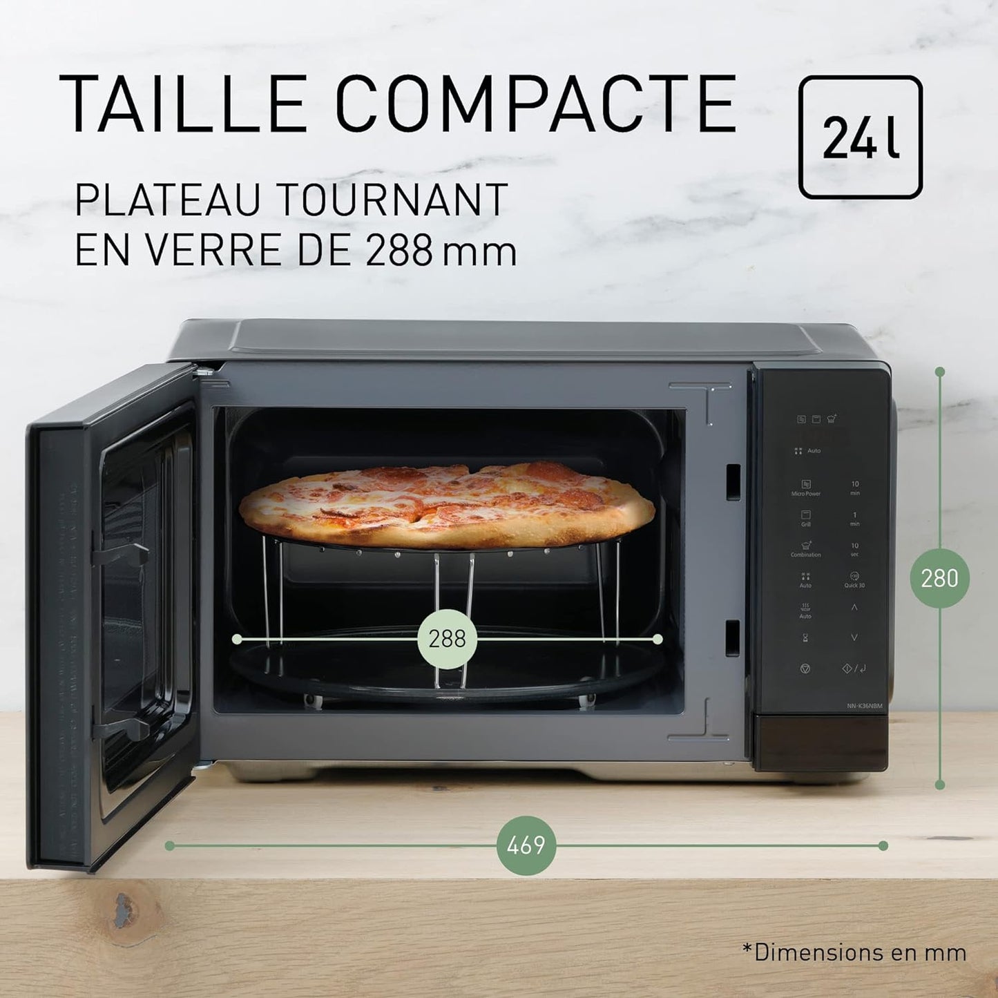 NN-K36NBMEPG, Four À Micro-Ondes Gril, 24 Litres, Puissance 900W, 8 Programmes Automatiques, Cuisson Combinée, Fonction Quick 30, Noir