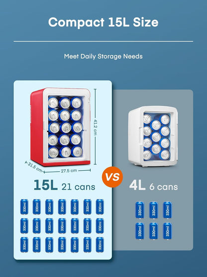 Mini Frigo De Chambre 15L/21 Canettes, Petit Frigo Portable 240V/12V, Mode Silencieux, Fonction Chaud/Froid, Frigo Cosmetique