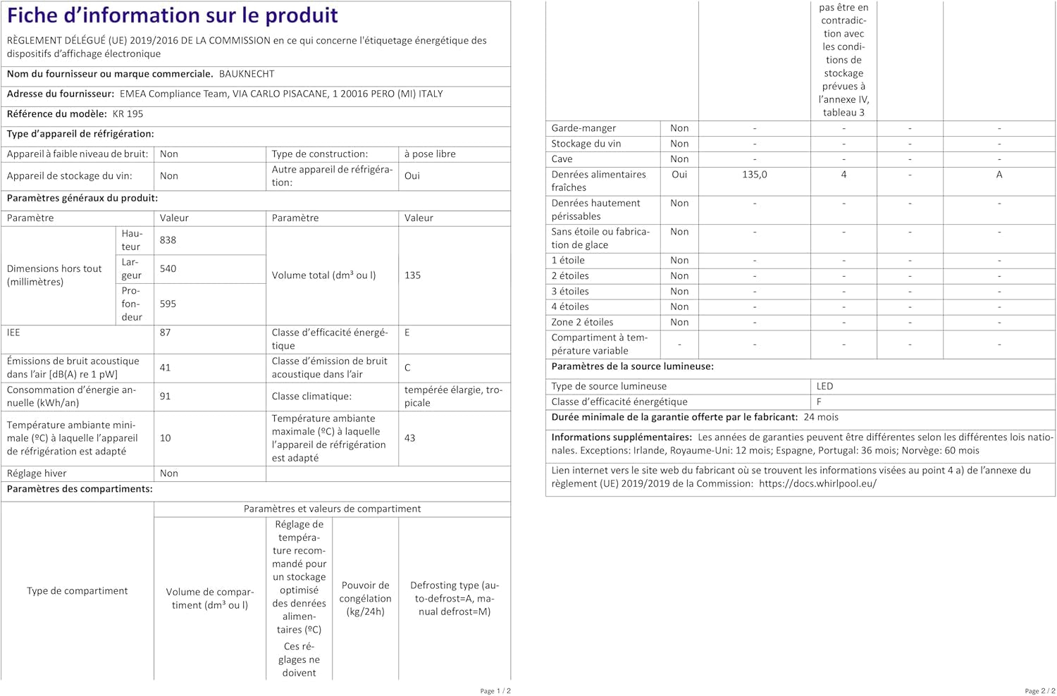 Bauknecht KR 195 a Réfrigérateur/Capacité Totale : 127 L/Dégivrage Automatique Dans Le Réfrigérateur / 3 Compartiments De Porte, Blanc