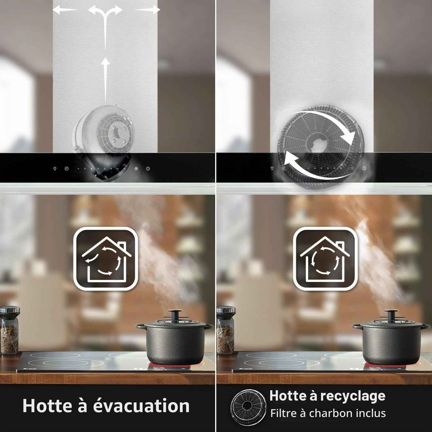 Hotte Aspirante Cuisine 90 Cm | Hotte Îlot | Acier Inoxydable | Verre Noir | Wifi | Arrête Automatiquement | Opération Tactile | FLAT-INSEL-6