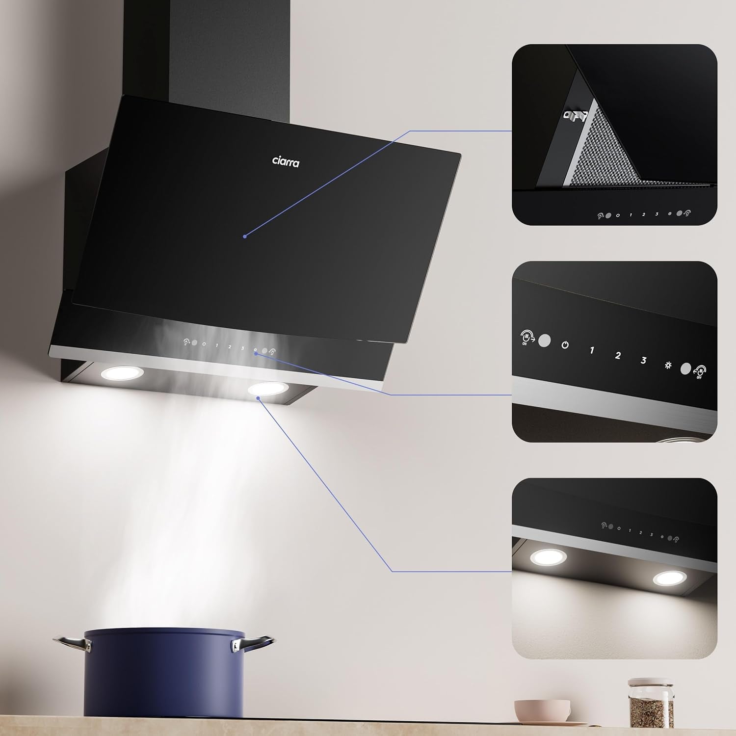 CBCB6736A Hotte Aspirante Inclinée 60 Cm A+++ 710 M³/H Gestuelle | Commande Tactile, 61 Db, Évacuation/Recyclage, Filtre Charbon CBCF003 Inclus, LED 2 Intensités, Verre Noir Facile À Nettoyer