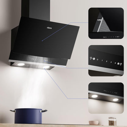 CBCB6736A Hotte Aspirante Inclinée 60 Cm A+++ 710 M³/H Gestuelle | Commande Tactile, 61 Db, Évacuation/Recyclage, Filtre Charbon CBCF003 Inclus, LED 2 Intensités, Verre Noir Facile À Nettoyer