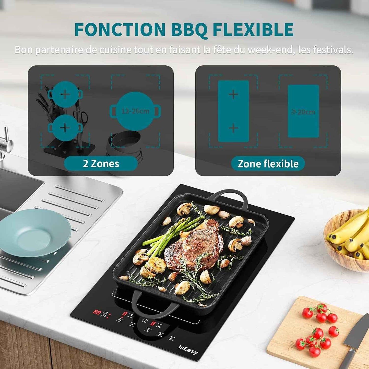 Plaque Induction 2 Feux Encastrable,  Table De Cuisson Electrique 3400W, 2 Boosters, Minuterie, Zones Flexibles, Arrêt Auto, Verrou Enfants, Noir