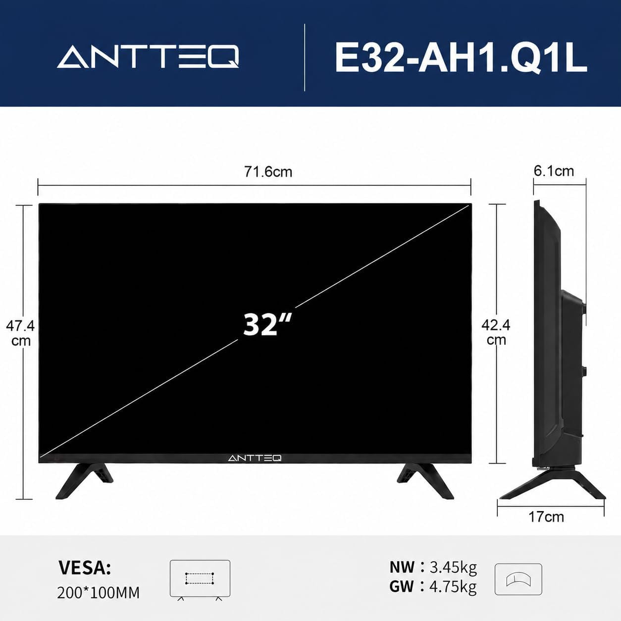 E32-AH1Q1L TV 32 Pouces Télévision 80Cm LED HD Ready, Sans Lunette, Avec Triple Tuner (DVB-T/T2-C-S/S2), HDMI, Usb-Media Player, Dolby Audio, Essential Series