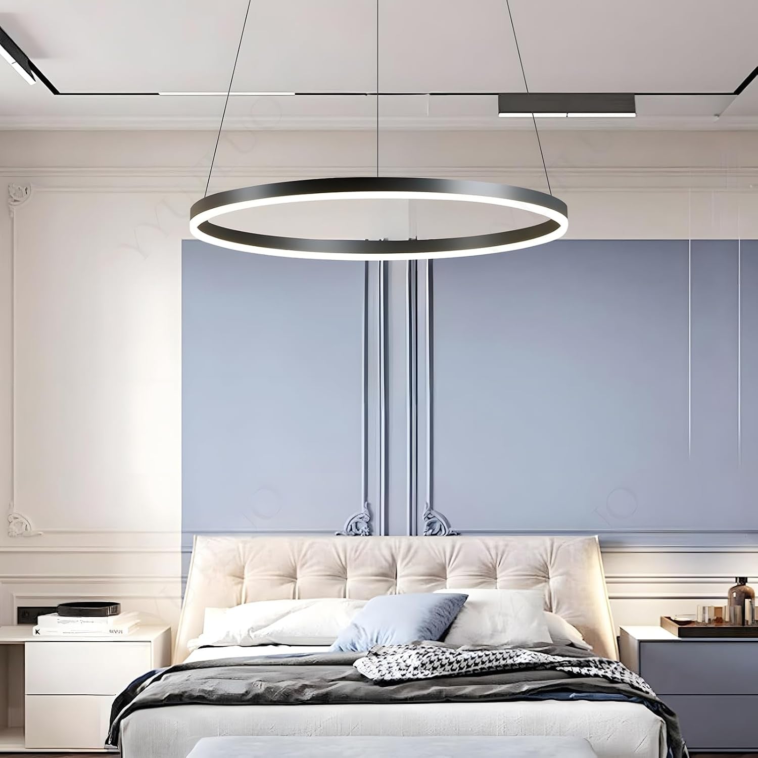 Lustre LED Moderne DIY Cercle | 1 Noire Anneaux :60Cm=29W| Éclairage Suspendu LED Métal+Acrylique Télécommande Intensité Variable 2,13G Lampe Suspendue Plafond Ronde Salon Chambre Coucher