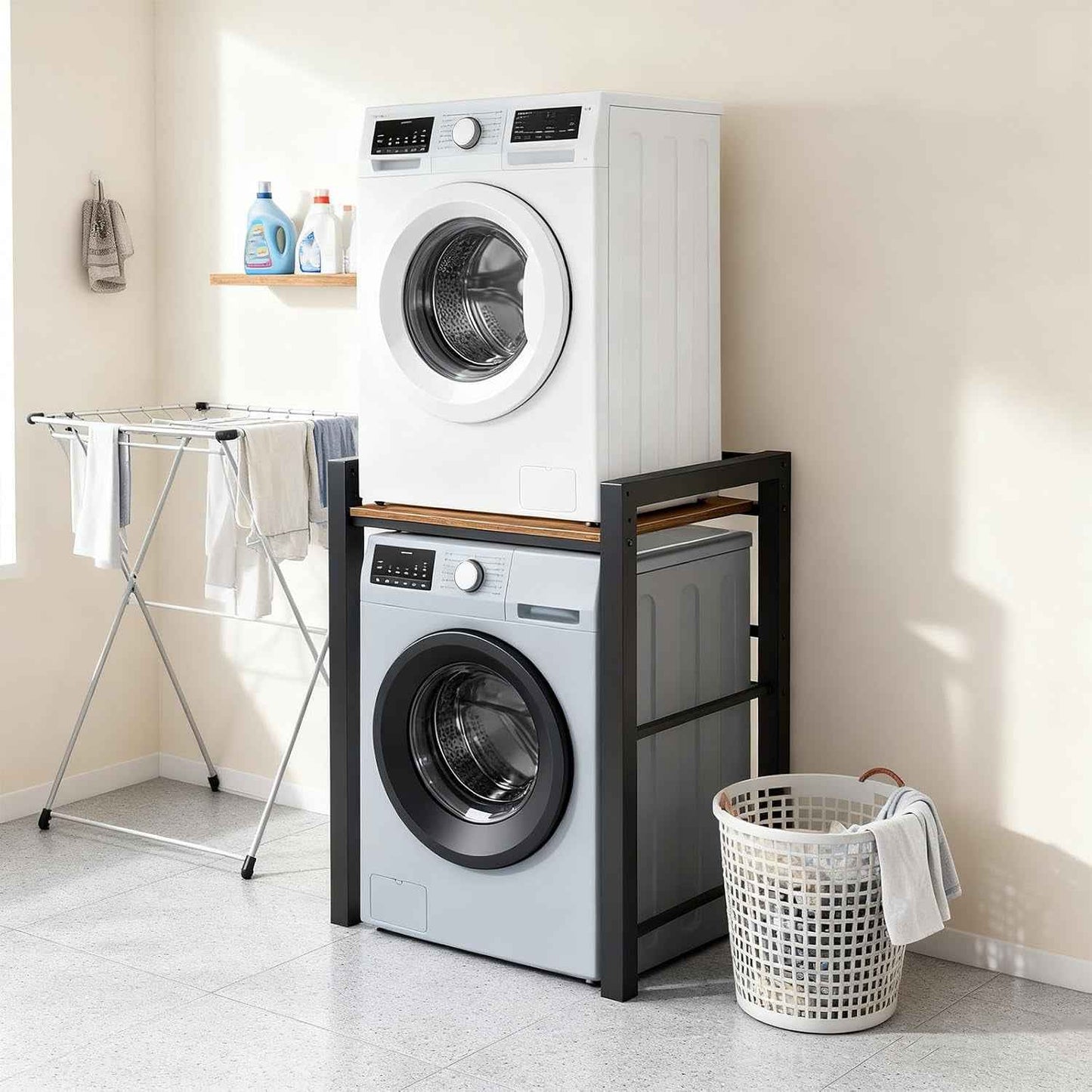 Meuble Machine À Laver Et Seche Linge, 3 Réglable En Hauteur, Kit D'Empilage Pour Lave-Linge Et Sèche-Linge À Chargement Frontal, Meuble Machine À Laver, Capacité Charge 300Kg (Nori)