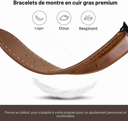 Bracelet En Cuir Véritable Pour Apple Watch 49/46/44/45Mm | Compatible Avec Iwatch Ultra3/2/1 SE3/2/1 Série 11/10/9/8/7/6/5/4 Pour Homme Femme, Marron+Boucle Noir