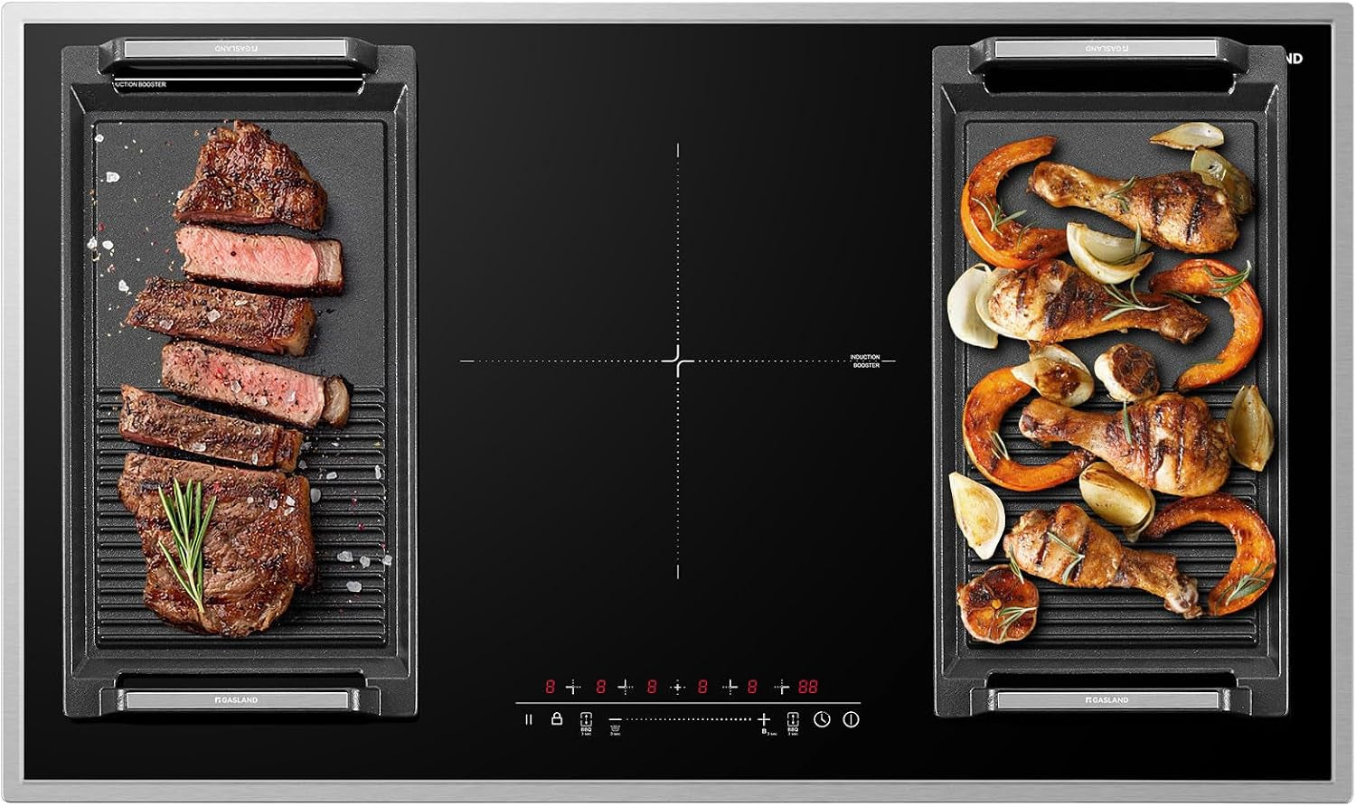 IH905BFB Plaque De Cuisson Induction Encastrable 90 Cm, 5 Foyers Avec Cadre En Inox, Zone Spéciale BBQ, Powerboost, 10000W (Poêle Non Incluse)