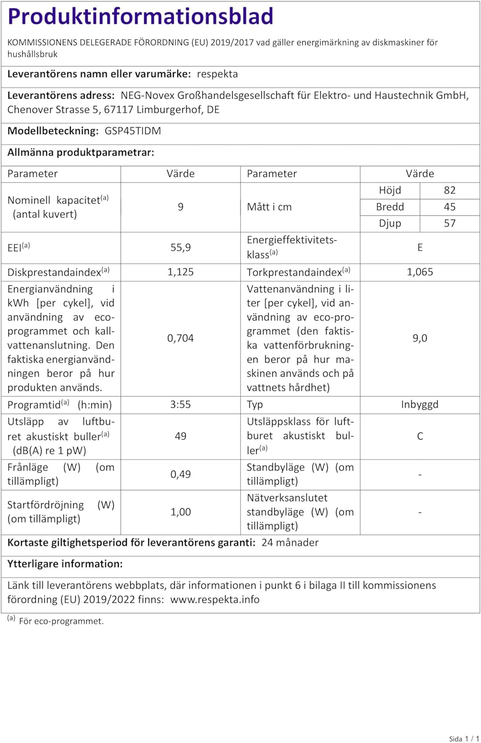 Respekta Lave-Vaisselle Semi-Intégré 45 Cm / Lave-Vaisselle Encastrable Avec Panier À Couverts Flexible / 6 Programmes / Départ Différé / 9 Couverts / Affichage LED / GSP45TIDM