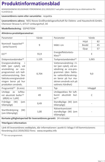 Respekta Lave-Vaisselle Semi-Intégré 45 Cm / Lave-Vaisselle Encastrable Avec Panier À Couverts Flexible / 6 Programmes / Départ Différé / 9 Couverts / Affichage LED / GSP45TIDM