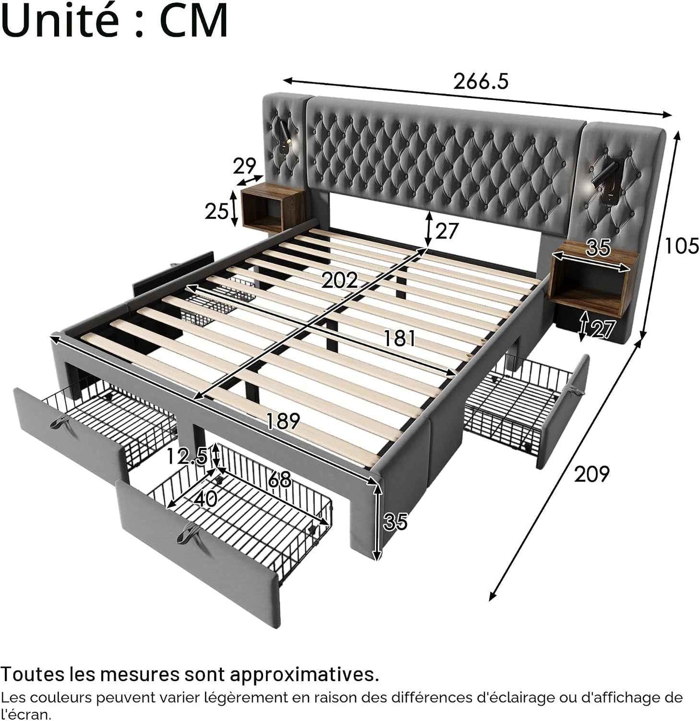 Lit 180X200 Avec Sommier LED Et USB Et 2 Tables De Chevet, Lit Coffre 180X200 Avec 4 Tiroirs Et Tete, Lit Double Avec À Lattes 2 Personnes, Lit Rembourré Cadre De Velours (Sans Matelas)