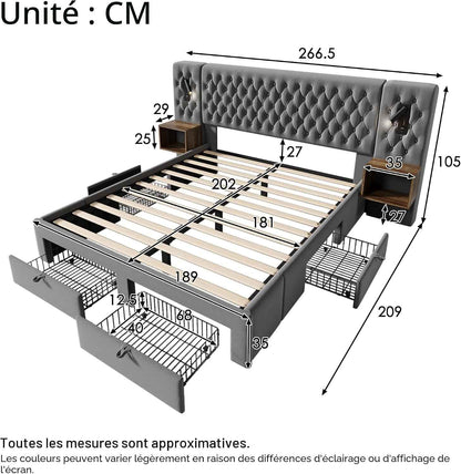 Lit 180X200 Avec Sommier LED Et USB Et 2 Tables De Chevet, Lit Coffre 180X200 Avec 4 Tiroirs Et Tete, Lit Double Avec À Lattes 2 Personnes, Lit Rembourré Cadre De Velours (Sans Matelas)