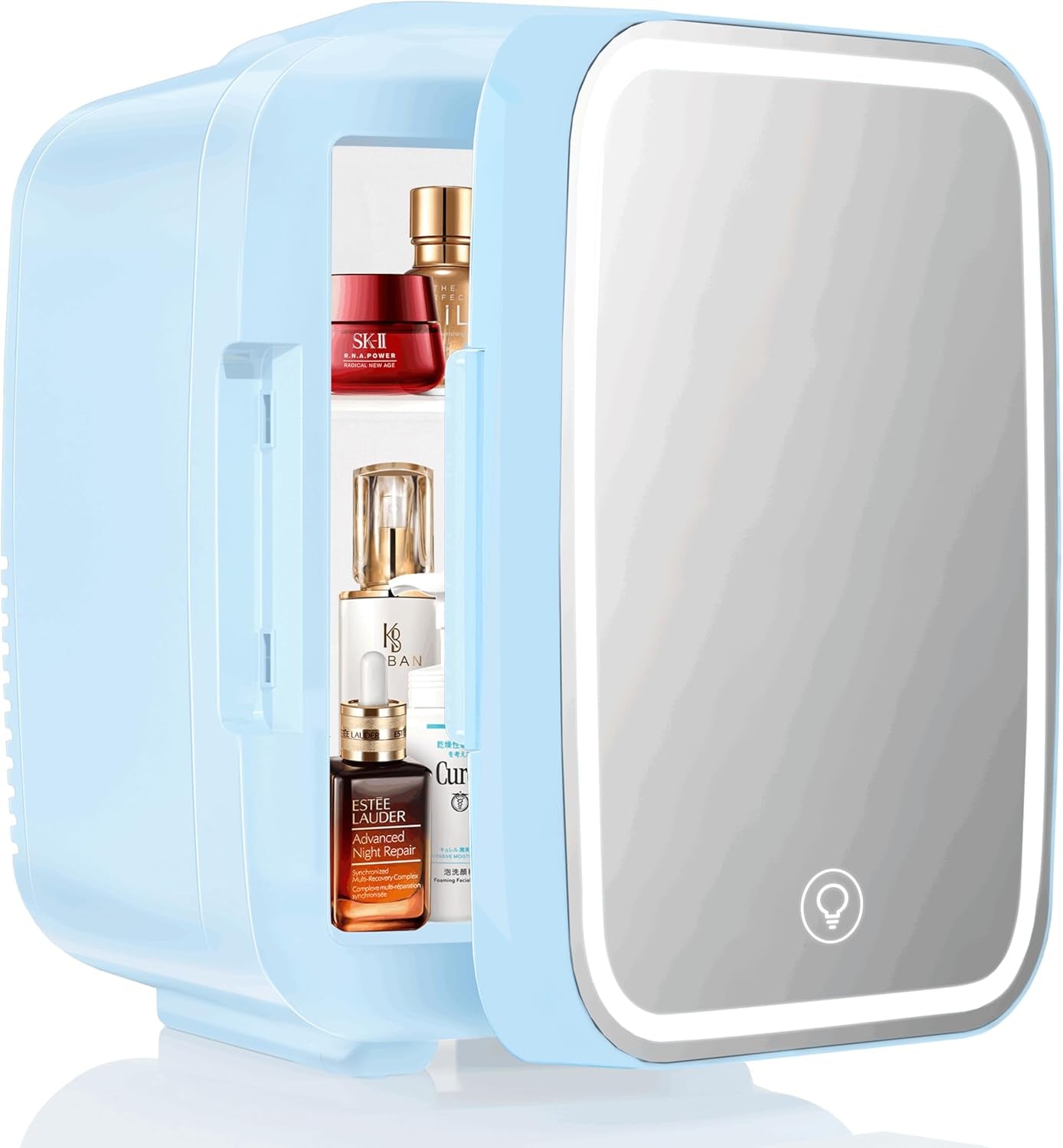 Mini Frigo Pour Chambre, Frigo Skincare Avec Miroir LED, Petit Frigo De 4L Portable, Thermoelectrique Chauffe & Refroidisseur 220V AC / 12V DC Pour Voiture, Bureau, Dortoir (Bleu)