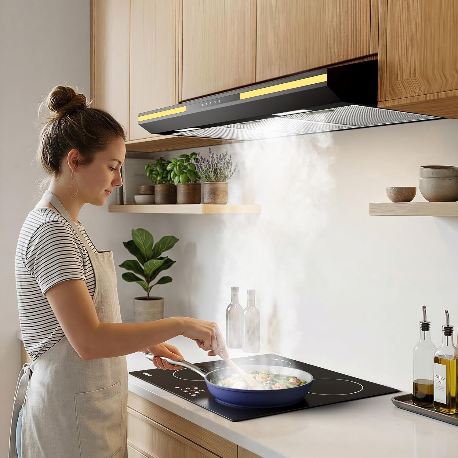 CBCB90921 Classe A+ Hotte Aspirante 90 Cm Sous Meuble - Noire | 320 M³/H -3 Vitesses,Commande Tactile, Évacuation&Recyclage, Filtre À Charbon CBCF011 Inclus, Lumière D’Ambiance Chaleureuse