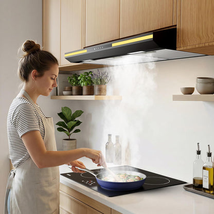 CBCB90921 Classe A+ Hotte Aspirante 90 Cm Sous Meuble - Noire | 320 M³/H -3 Vitesses,Commande Tactile, Évacuation&Recyclage, Filtre À Charbon CBCF011 Inclus, Lumière D’Ambiance Chaleureuse
