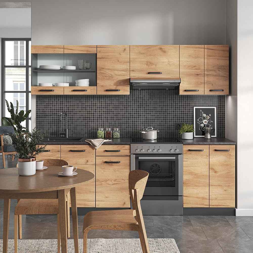 Ligne De Cuisine Raul, Chêne Doré/Anthracite, 240Cm | PT À Motifs Noirs, Combinable De Manière Flexible Avec Des Éléments Modulaires