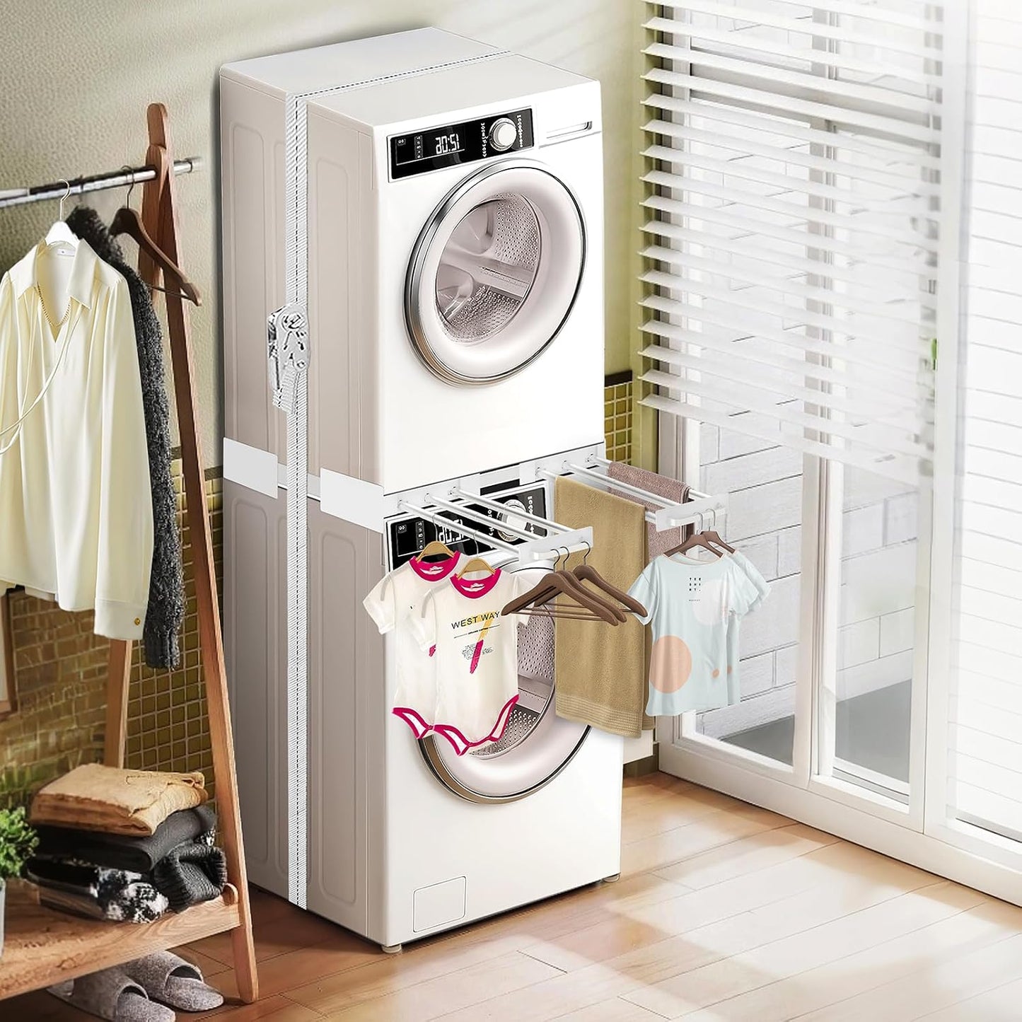 Kit De Superposition Universel, Avec 6 Tiges Télescopiques | Universel Cadre Intermédiaire Pour Lave-Linge Et Sèche-Linge Avec Corde À Cliquet, Taille Réglable（Largeur: 56-69Cm）