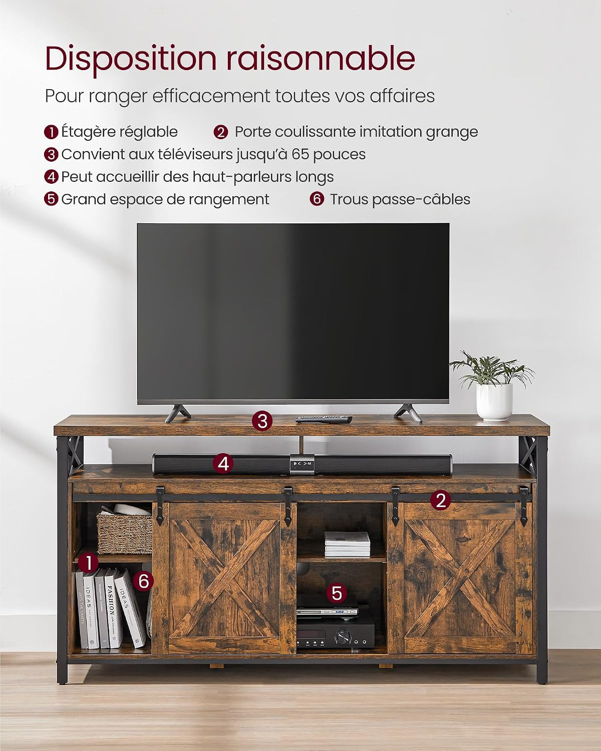 Meuble TV, Support Pour Téléviseur Jusqu’À 65 Pouces | Avec Étagères Réglables, Portes Imitation Grange, Cadre En Métal, Marron Rustique Et Noir Mat LTV071B01V1
