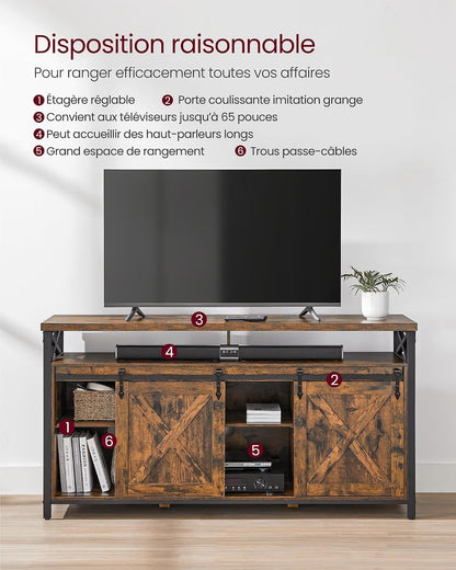 Meuble TV, Support Pour Téléviseur Jusqu’À 65 Pouces | Avec Étagères Réglables, Portes Imitation Grange, Cadre En Métal, Marron Rustique Et Noir Mat LTV071B01V1
