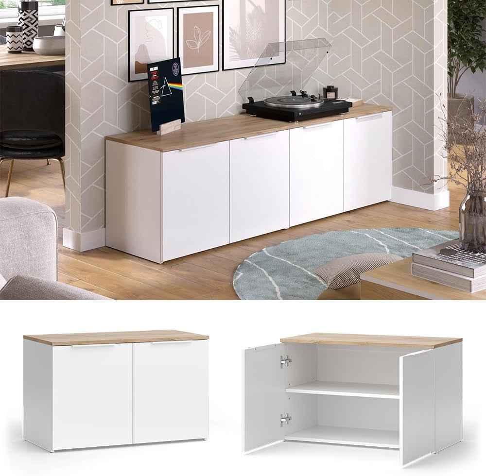 Meuble-Paroi Wido Blanc/Sonoma | 2 Pièces, Pour Le Rangement Et La Présentation D’Appareils Multimédias