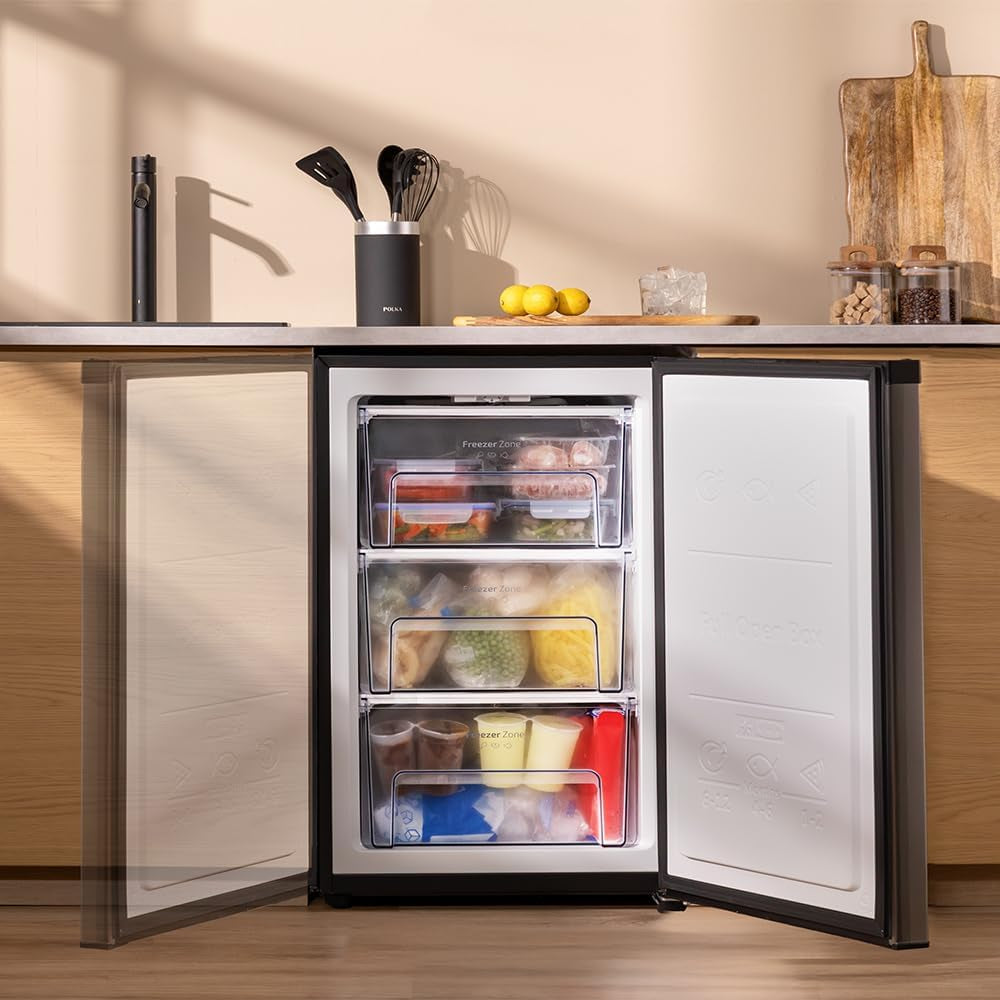 Congélateur Armoire 97 L Bolero Coolmarket TF 97 Inox. Classe Énergétique E, Design Compact, Porte Réversible, 3 Tiroirs, Dimensions 55,1 X 57,5 X 83,5 Cm, Couleur Inox