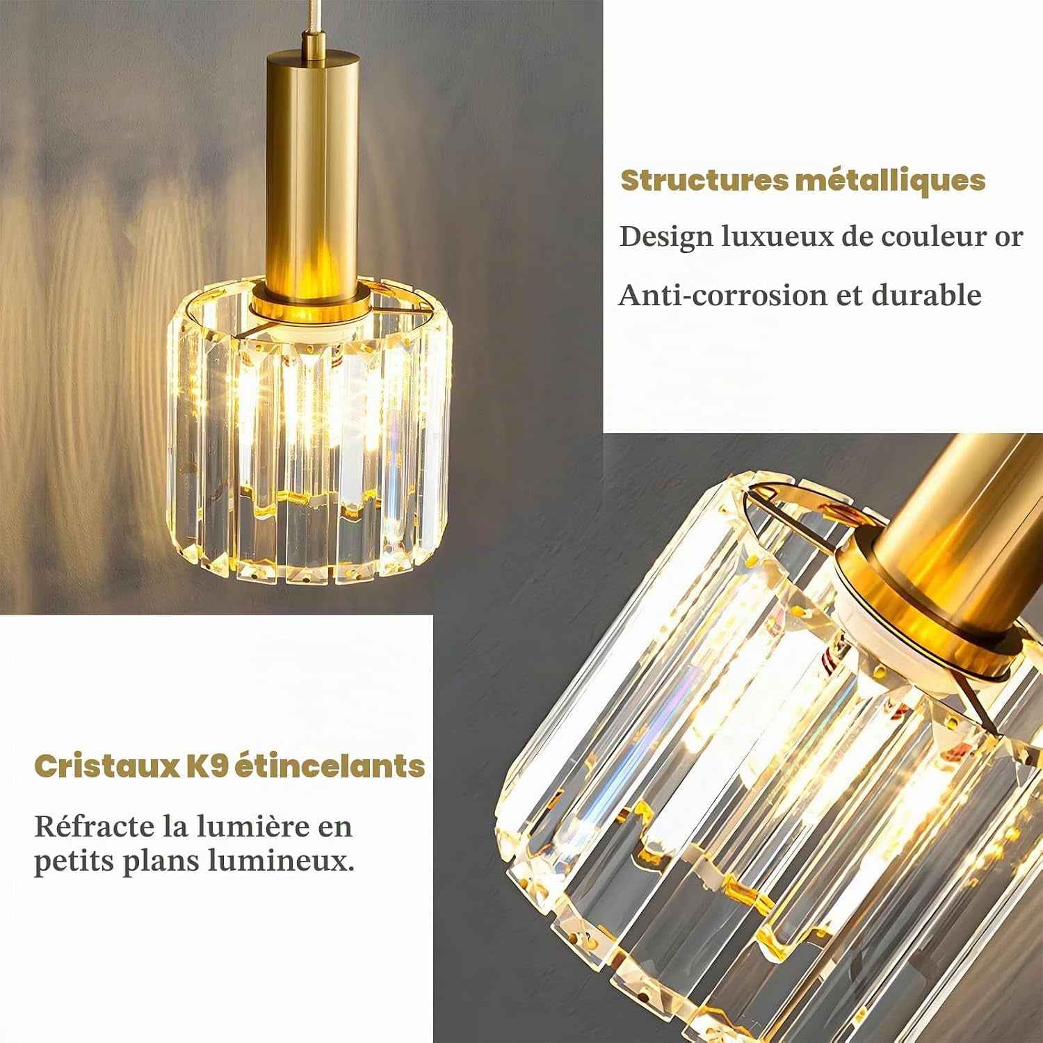 Suspension Dorée En Cristal K9 Moderne, Lampe Suspendue En Verre Brillant, Hauteur Réglable E27, Plafonnier Élégant Pour Salle À Manger, Cuisine, Chambre Et Bar(3-Lumières)