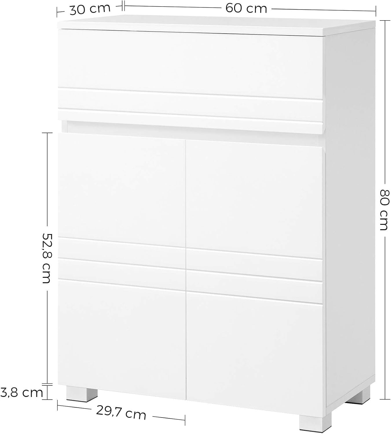 Meuble De Salle De Bain Sur Pied, Meuble De Rangement Avec Tiroir, Armoire À Double Porte, Étagère Réglable, Pour Entrée, Couloir, 60 X 30 X 80 Cm, Blanc BBK140W01